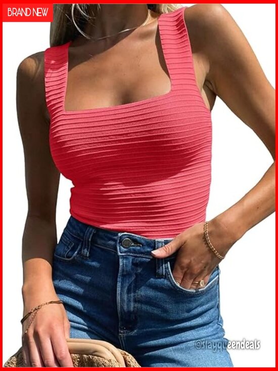 Tops - Ribbed Square Neck Tank Top Sleeveless Slim Fit Knit Summer